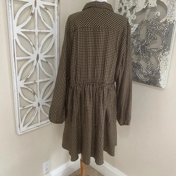 NWT MAURICES xxl BLACK BROWN PLAID BABYDOLL MINI DRESS LONG SLEEVE - Picture 3 of 6